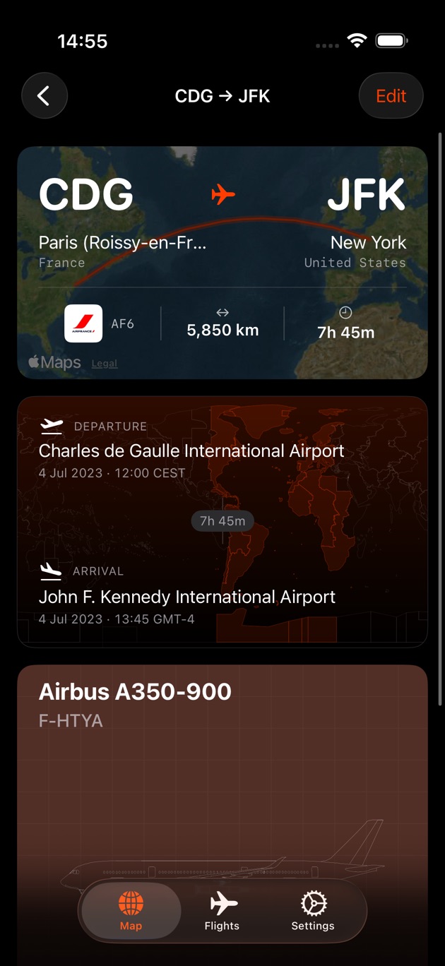 Logbook flight detail page (CDG to JFK)