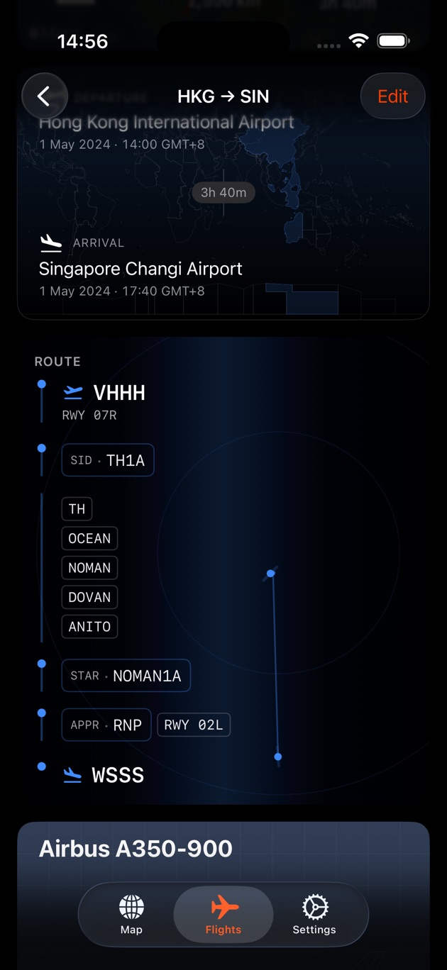 Route visualiser (HKG to SIN)